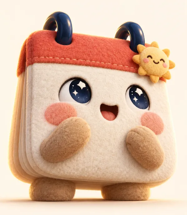 Yomi, a plush calendar with a little sun clip, looking up in wonder